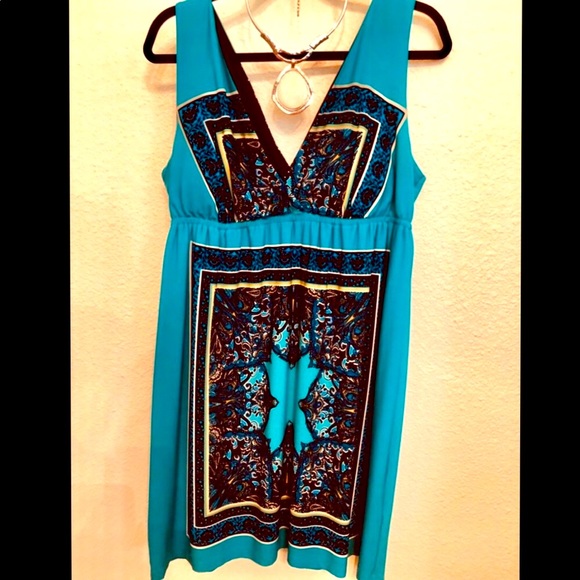SWIM COVER DRESS 1X BLACK TURQUOISE MANDALA TANK DRESS 16  OR LONG TOP M - Picture 2 of 8